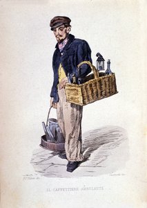 Kleingewerbe der Stadt Neapel: der „caffettiere“, ein neapolitanischer Kaffeeverkäufer. Stich nach einem Gemälde von F. Palizza. Aus einem Werk von Francesco de Bourcard „Costumi del regno di Napoli“ von Filippo Palizzi