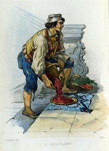 Kleingewerbe der Stadt Neapel: der „fragolaro“, ein neapolitanischer Erdbeerhändler. Gravur nach einem Gemälde von F. Palizza. Aus einem Werk von Francesco de Bourcard „Costumi del regno di Napoli“ von Filippo Palizzi