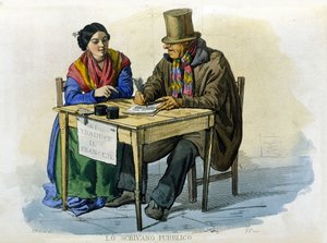 Kleines Gewerbe der Stadt Neapel: der öffentliche Schreiber. Gravur nach einem Gemälde von F. Palizza. Aus einem Werk von Francesco de Bourcard „Costumi del regno di Napoli“ von Filippo Palizzi