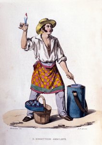 Kleingewerbe der Stadt Neapel: der Verkäufer von Eiscreme und Sorbets. Stich nach einem Gemälde von F. Palizza. Aus einem Werk von Francesco de Bourcard „Costumi del regno di Napoli“