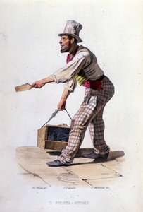 Kleingewerbe der Stadt Neapel: der Schuhputzer. Gravur nach einem Gemälde von F. Palizza. Aus einem Werk von Francesco de Bourcard „Costumi del regno di Napoli“ von Filippo Palizzi