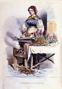 Kleingewerbe der Stadt Neapel: gehende Verkäuferin von Zeppolle, Spezialität der neapolitanischen Patisserie. Gravur nach einem Gemälde von F. Palizza. Aus einem Werk von Francesco de Bourcard „Costumi del regno di Napoli“