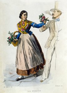 Kleingewerbe der Stadt Neapel: junge Floristin reicht einem eleganten Mann einen Blumenstrauß. Gravur nach einem Gemälde von F. Palizza. Aus einem Werk von Francesco de Bourcard „Costumi del regno di Napoli“ von Filippo Palizzi