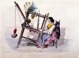 Kleingewerbe des Königreichs Neapel: junge Frau aus Sorrent beim Bänderweben. Stich nach einem Gemälde von F. Palizza. Aus einem Werk von Francesco de Bourcard „Costumi del regno di Napoli“