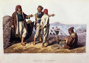 Kleiner Beruf des Königreichs Neapel: Matrosen und Fischer. Gravur nach einem Gemälde von F. Palizza. Aus einem Werk von Francesco de Bourcard „Costumi del regno di Napoli“ von Filippo Palizzi