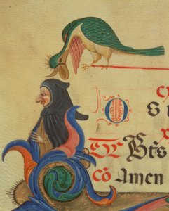 Missale 515 42r Ein fantastischer Vogel über einer verhüllten Figur, Detail (Initiale R und Rand) aus einem Chorbuch von Filippo di Matteo Torelli