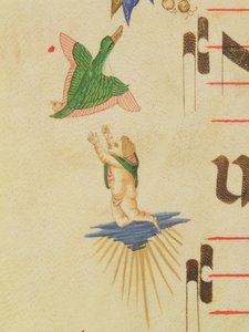 Missale 515 f.13v Ein verhüllter Cherub versucht, einen fliegenden Vogel zu fangen, aus einem dekorativen Rand, Detail aus einem Chorbuch von Filippo di Matteo Torelli