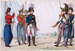 Alexander I., Zar von Russland (1777-1825) - Zar Alexander I. und russische Offiziere - Finert (Finart), Noel Dieudonne (1797-1852) - 1815 - Aquarell auf Papier - 23,3x34,5 - Privatbesitz von Finart Noël Dieudonné