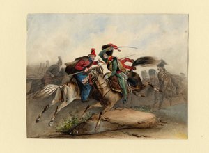 Französische Pferdejäger der kaiserlichen Garde im Kampf mit den russischen Kosaken, ca. 1830 von Finert