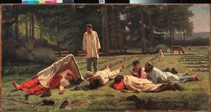 Mittagspause bei der Heuernte von Firs Sergeevich Zhuravlev