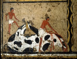 Ägyptische Antiquität: Ein Stier wird vor einem Sarkophag geopfert. Detrempe auf Ton und Stroh aus dem Grab des Generals und Kanzlers des Königs Iti in El Ghebelen bei Luxor. 2200-2000 v. Chr. Turin, Ägyptisches Museum von First Intermediate Period Egyptian