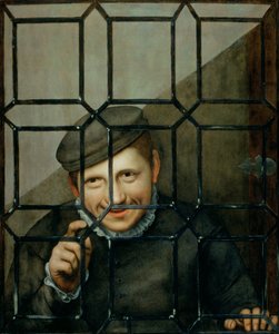 Ein Junge, der durch ein Fenster schaut von Flemish School