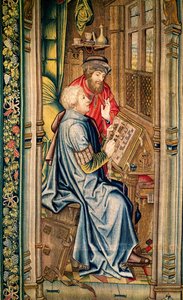 Ein Schreiber schreibt einen Bericht, Detail aus Die Überführung der Bundeslade, aus dem Wandteppich von David und Bathseba, ca. 1510-15 (Detail) von Flemish School