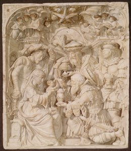 Anbetung der Heiligen Drei Könige, Alabaster und bemaltes vergoldetes Relief, flämisch, beschriftet 