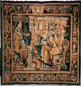 Museumsschatz von Conques. Flämischer Wandteppich. Geschichte der Heiligen Foy (?). Texte: DASIAN, S+PRIME, S+eVAPRAISE. 16. Jahrhundert (?)