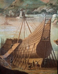 Bau eines Galeonen in einer Werft in Genua (Detail)