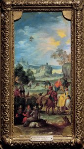 Falkenjagd Szene Jagd und Rast auf dem Land. Gemälde der flämischen Schule. Anfang des 17. Jahrhunderts. Dijon, Museum der Schönen Künste von Flemish School