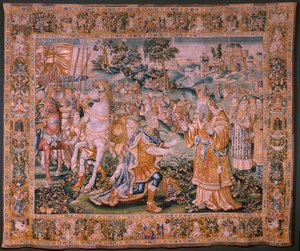 Flämischer Wandteppich. Alexander vor dem Hohepriester Iaddo. Atelier von Oudenaarde. 374x447cm. Inv(830-B)4 00010. 17. Jahrhundert.