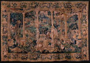 Flämische Tapisserie. Landschaft mit Pergola und großen Tieren. Version mit umfangreicher Pergola. Atelier von Oudenaarde. 340x498cm. Inv 00023. 17. Jahrhundert.