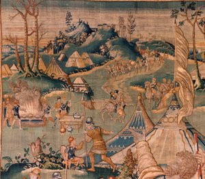 Flämischer Wandteppich. Militärlager am Fluss Granikos. Atelier von Oudenaarde. 377x393cm. Inv 83104-9 /00011. 17. Jahrhundert. von Flemish School