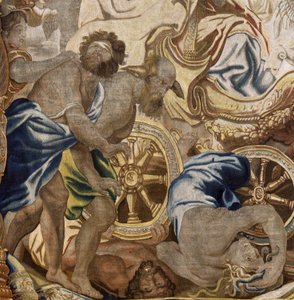 Flämischer Wandteppich. Serie Apotheose der Eucharistie. Triumph der Kirche. Modell Karton kopiert von einem Original von Rubens. Brüsseler Herstellung. Herstellung durch Frans van den Hecke. Mitte des 17. Jahrhunderts. Stoff Seide und Wolle, 7/8 Kette von Flemish School