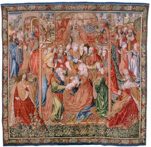 Flämischer Wandteppich. Serie Episoden aus dem Leben der Jungfrau Maria; Darstellung im Tempel (Presentación en el Templo). Zweiter Wandteppich der Serie. Modelle Jan van Roome (oder van Brussel) zugeschrieben. Herstellung Pieter van Aelst, Brüssel. Ca 150 von Flemish School