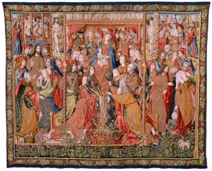 Flämischer Wandteppich. Serie Episoden aus dem Leben der Jungfrau Maria. Die Prophezeiungen erfüllen sich bei der Geburt Christi (Cumplimiento de las profecías en el nacimiento del Hijo de Dios). Erster Wandteppich der Serie. Modelle Jan von Roome (oder va von Flemish School