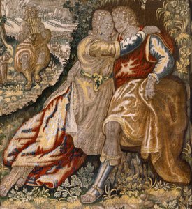 Serie Galanterie (Galante). Paar mit Musiker (Pareja con músico). Herstellung Brüssel, frühes 17. Jahrhundert. von Flemish School