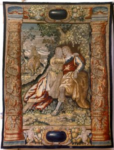 Flämische Tapisserie. Serie Galanterie. Paar mit Musiker. Herstellung Brüssel, frühes 17. Jahrhundert. Stoff Seide und Wolle, 5/6 Ketten pro cm. Größe 348 x 263 cm. Standort Kirche von San Millán de la Cogolla, Oncala (Soria). Ursprung von Flemish School