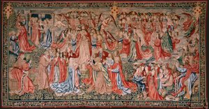 Flämischer Wandteppich. Serie Menschliche Erlösung oder Laster und Tugenden. Christus steigt in den Himmel auf und der Mensch wird vor Gott erlöst. Neunter Wandteppich der Serie (vierter der in Palencia aufbewahrten). Brüsseler Herstellung, Werkstatt.