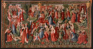 Flämischer Wandteppich. Serie Menschliche Erlösung oder Laster und Tugenden. Laster führen den Menschen zur Sünde. Zweiter Wandteppich der Serie (erster der in Palencia aufbewahrten). Brüsseler Herstellung, Werkstatt. Ca. 1510. Größe 425 x 800 cm. Stoff Wo von Flemish School