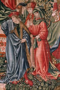 Flämischer Wandteppich. Serie Menschliche Erlösung oder Laster und Tugenden. Die Tugenden fordern die Laster heraus, als Christus sein Amt antritt. Sechster Wandteppich der Serie (dritter der in Palencia aufbewahrten). von Flemish School