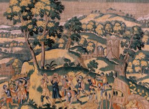 Flandrischer Wandteppich. Serie Geschichte des Cyrus. Nr. VI Tomyris befiehlt, den Kopf von Cyrus in ein Gefäß mit Blut zu tauchen. Anonym, basierend auf Michiel Coxcie. Atelier Antwerpen. Ca. 1590. von Flemish School
