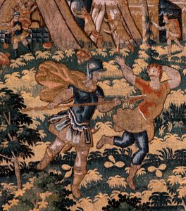 Flämischer Wandteppich. Serie Die Geschichte von Kyros. Nr. V Kampf zwischen zwei Kriegern und der Tod von Kyros. Anonym, basierend auf Michiel Coxcie. Atelier Antwerpen. Ca. 1590 von Flemish School