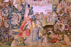 Serie Die Apokalypse: Der heilige Michael besiegt den Drachen. Atelier Willem Dermoyen, Brüssel. Ca. 1553-1555. (Detail)