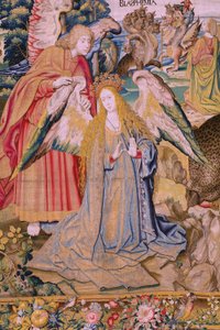Flämischer Wandteppich. Serie Die Apokalypse: Der heilige Michael besiegt den Drachen. Atelier Willem Dermoyen, Brüssel. Ca. 1553-1555. (Detail) von Flemish School
