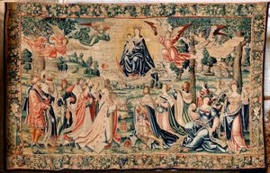 Flämischer Wandteppich. Serie Der Hagel. Salve Regina. Herstellung Brüsseler Werkstätten, möglicherweise von Marc Crétif. Ca. 1528. Größe 412 x 652 cm. Stoff Seide und Wolle. Standort Kathedrale von Palencia. Herkunft Ein Vermächtnis von Bischof Fonseca im