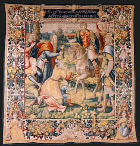 Flämischer Wandteppich. Serie Die Geschichte von Hannibal. Hannibal in Italien. Dritter Wandteppich der erhaltenen. Modelle Anonymer Meister der Niederlande. Brüsseler Herstellung, Werkstatt. Ca 1570. Stoff Wolle und Seide. 6,5/7 Ketten pro cm. Größe