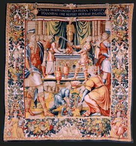 Flämischer Wandteppich. Serie Die Geschichte von Hannibal. Hannibals Eid. Erster Wandteppich in der Serie. Kartons anonymer Meister der Niederlande. Brüsseler Herstellung, Werkstatt. Ca 1570. Stoff Wolle und Seide, 6,5/7 Ketten pro cm. Größe 34 von Flemish School