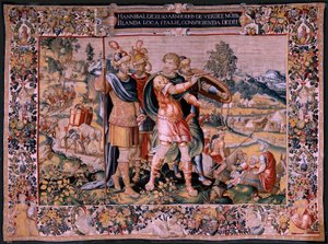 Flämischer Wandteppich. Serie Die Geschichte von Hannibal. Der Alpenübergang. Zweiter erhaltener Wandteppich. Modelle Anonymer Meister der Niederlande. Brüsseler Herstellung, Werkstatt. Ca. 1570. Stoff Wolle und Seide
