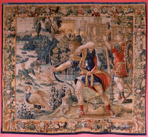 Flämischer Wandteppich. Serie Die Arbeiten des Herkules. Herkules und die Stymphalischen Vögel. Erster Wandteppich der erhaltenen Serie. Modell Unbekannt. Herstellung Willem Dermoyen, Brüssel. Ca. 1528. Stoff Seide und Wolle.