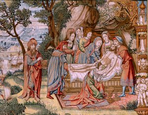 Flämischer Wandteppich. Serie Die Passion Christi. Die Kreuzabnahme. Die zweite Wandteppichserie der Passion Christi, die zum Patrimonio Nacional gehört. Modell Kartonisten aus dem Kreis von Jan van Roome. Herstellung Pieter van