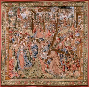 Flemischer Wandteppich. Serie Die Passion Christi; Der Weg nach Golgatha und Begegnung mit Veronika. Erster Wandteppich der von National Heritage aufbewahrten. Modell Zeichner aus dem Kreis von Jan van Roome und Bern. von Flemish School