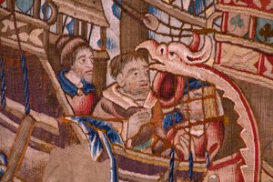 Flämischer Wandteppich. Serie Die Portugiesen in Indien: Die Ankunft in Calicut. Ca. 1510. Sammlung Caixa Geral de Depósitos, Lissabon. (Detail)