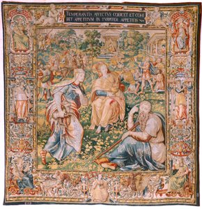 Flämischer Wandteppich. Serie Die Sieben Tugenden. Mäßigung (La Templanza). Modell basierend auf Michiel Coxcie. Herstellung Brüssel. Hergestellt von Frans Geubels. Ca. 1560-1570. Seide und Wolle. Größe 330 x 320 cm. Standort Kathedrale von Burgos. von Flemish School