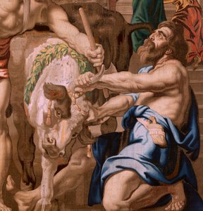 Flämischer Wandteppich. Serie Der Triumph der Eucharistie. Sieg der Eucharistie über heidnische Opfer. Vierter Wandteppich der Serie. Modell Peter Paul Rubens. 1626-1628. Herstellung Jan II Raes, Jac von Flemish School