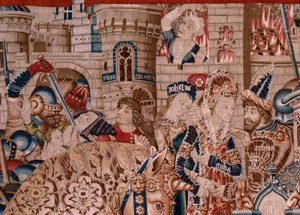 Flämischer Wandteppich. Serie Der Trojanische Krieg. Die Zerstörung von Troja. Elfter Wandteppich der Serie. Modell Coëtivy-Meister (Henry oder Conrard de Vulcop). Herstellung Tournai-Werkstätten. Ca 1470. Stoff Wolle und Seide, 6/7 Ketten pro cm. von Flemish School