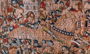 Flämischer Wandteppich. Serie Der Trojanische Krieg. Die Zerstörung von Troja. Elfter Wandteppich der Serie. Modell Coëtivy Meister (Henry oder Conrard de Vulcop). Herstellung Tournai Werkstätten. Ca. 1470