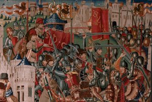 Flämischer Wandteppich. Serie Unbekannt. Römische Geschichte? Tarquinius Priscus. Herstellung Brüsseler Werkstätten?. Ca 1475. Stoff Wolle und Seide, 6 Ketten pro cm. Herkunft Eine Spende von Graf Alba de Aliste, sie kam 1608 in die Kathedrale. Standort
