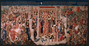 Flemischer Wandteppich. Serie Unbekannt. Römische Geschichte? Tarquinius Priscus. Herstellung Brüsseler Werkstätten?. Ca. 1475. Stoff Wolle und Seide, 6 Ketten pro cm. Herkunft Eine Spende von Graf Alba de Aliste, sie kam 1608 in die Kathedrale. Standort. von Flemish School